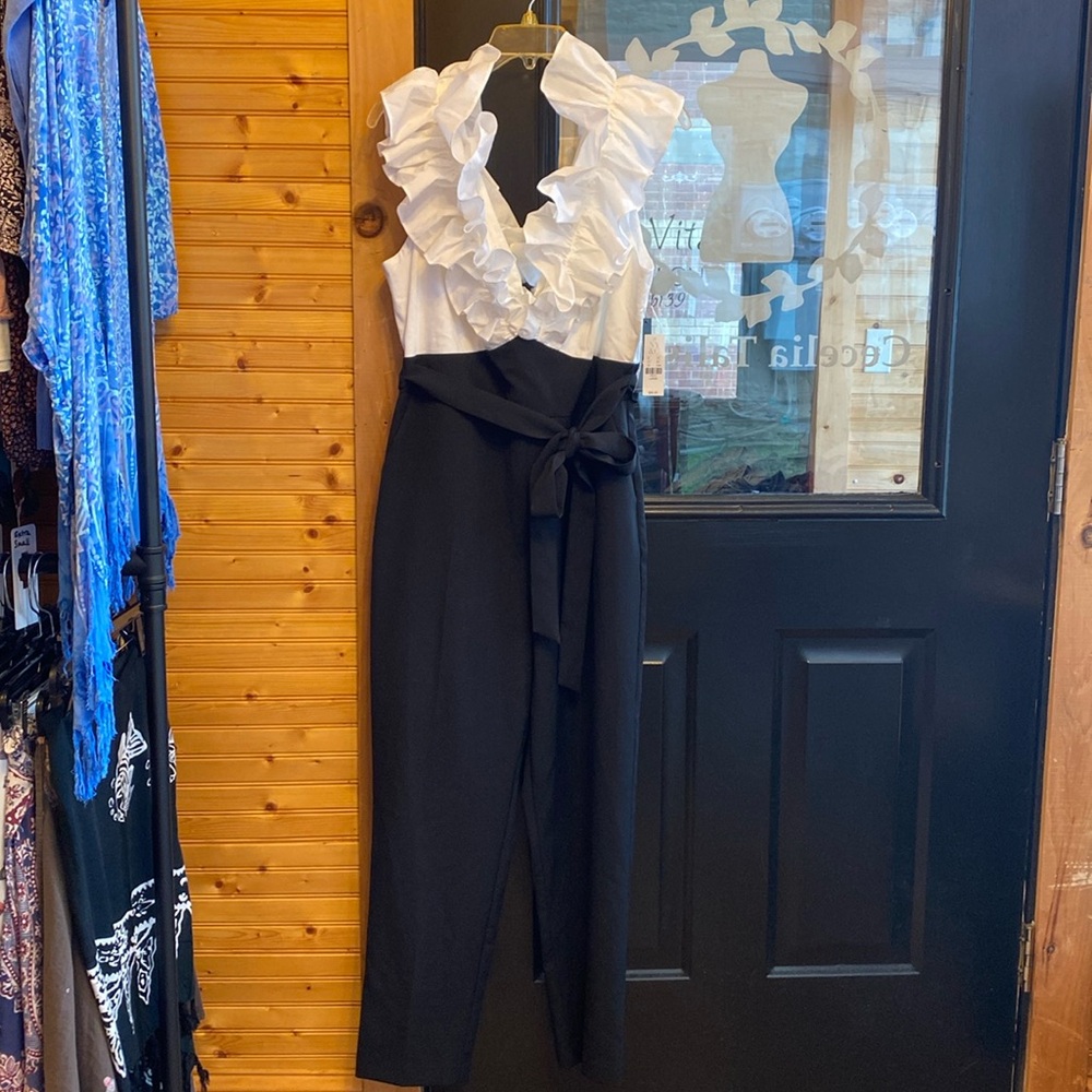 NY & Co Black Pants White Ruffled Sleeveless Top Jumpsuit
